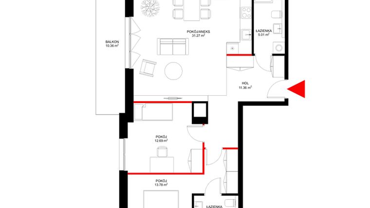 Rzut - Mieszkanie na sprzedaż 3 pokoje o powierzchni 77,41 m² - numer F.2.7 w INSPIRE ETAP V – bud. F, G