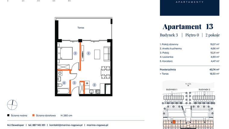 Rzut - Mieszkanie na sprzedaż 2 pokoje o powierzchni 43,74 m² - numer 13 w Apartamenty Marina Rogowo
