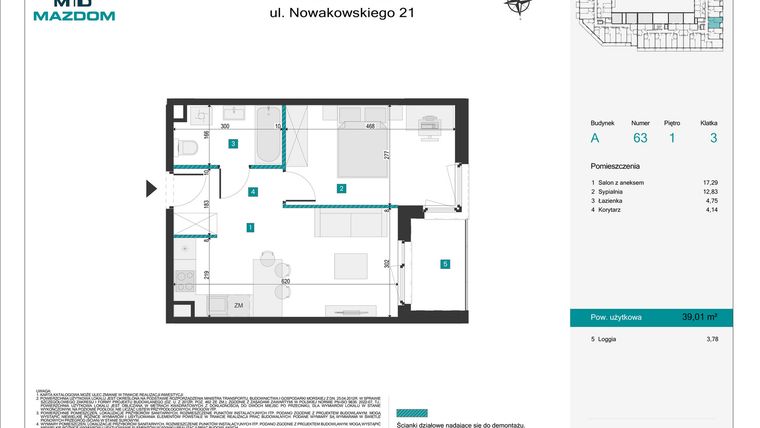 Rzut - Mieszkanie na sprzedaż 2 pokoje o powierzchni 39,01 m² - numer 63 w Błonie Vita