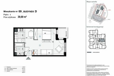 Rzut - Mieszkanie na sprzedaż 1 pokój o powierzchni 39,69 m² - numer D.M09 w Apartamenty Kopernika