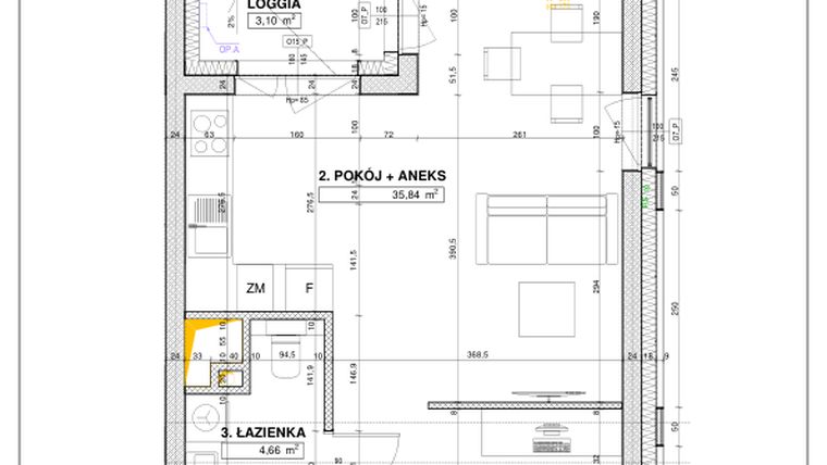 Rzut - Mieszkanie na sprzedaż 1 pokój o powierzchni 46,18 m² - numer B22 w Nowe Centrum Południowe etap IV