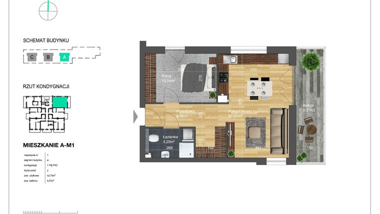Rzut - Mieszkanie na sprzedaż 2 pokoje o powierzchni 43,75 m² - numer A-M1 w Bunscha Park 4.0