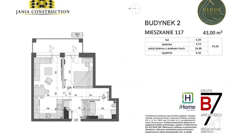 Rzut - Mieszkanie na sprzedaż 2 pokoje o powierzchni 43 m² - numer 117 w Miasteczko Verde