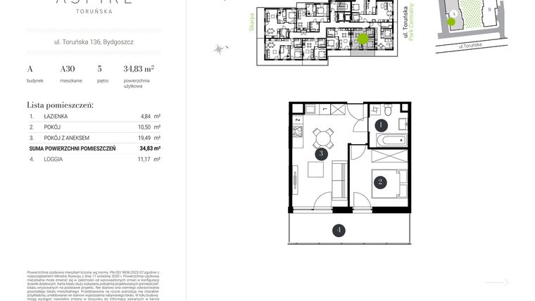 Rzut - Mieszkanie na sprzedaż 2 pokoje o powierzchni 34,83 m² - numer A.30 w Aspire