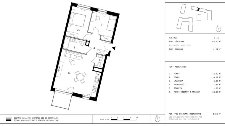 Rzut - Mieszkanie na sprzedaż 3 pokoje o powierzchni 62,33 m² - numer 48 w 28 czerwca 1956 r.