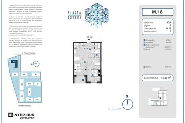 Rzut - Mieszkanie na sprzedaż 2 pokoje o powierzchni 45,8 m² - numer 18 w Piasta Towers bud. 90A
