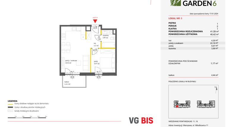 Rzut - Mieszkanie na sprzedaż 2 pokoje o powierzchni 41,59 m² - numer 6 w Nova Viva Garden 6