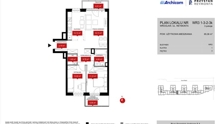 Rzut - Mieszkanie na sprzedaż 3 pokoje o powierzchni 65,36 m² - numer WR3 1/3/2/3k w Przystań Reymonta etap II