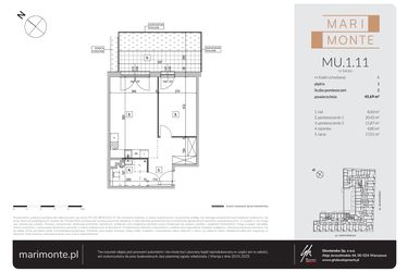 Rzut - Mieszkanie na sprzedaż 2 pokoje o powierzchni 45,69 m² - numer MU.1.11 w Marimonte - apartamenty inwestycyjne