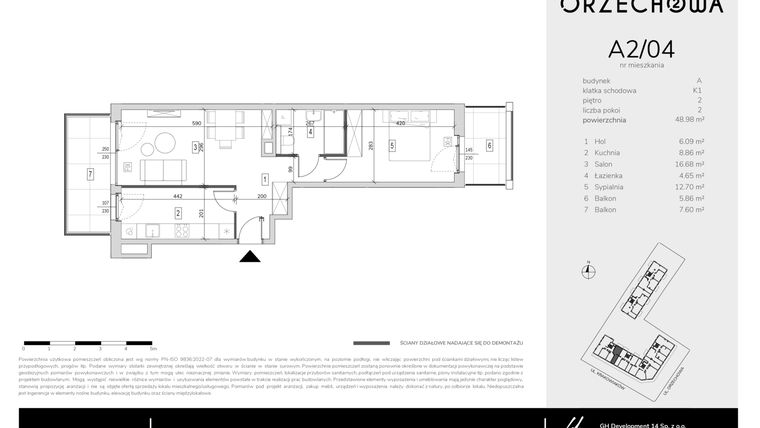 Rzut - Mieszkanie na sprzedaż 2 pokoje o powierzchni 48,98 m² - numer A2-04 w Orzechowa 2