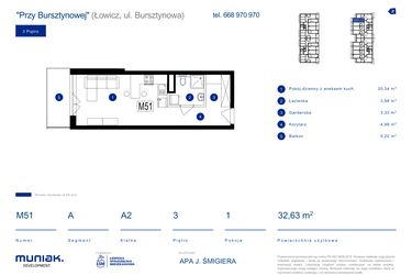 Rzut - Mieszkanie na sprzedaż 1 pokój o powierzchni 32,63 m² - numer 51A w Przy Bursztynowej