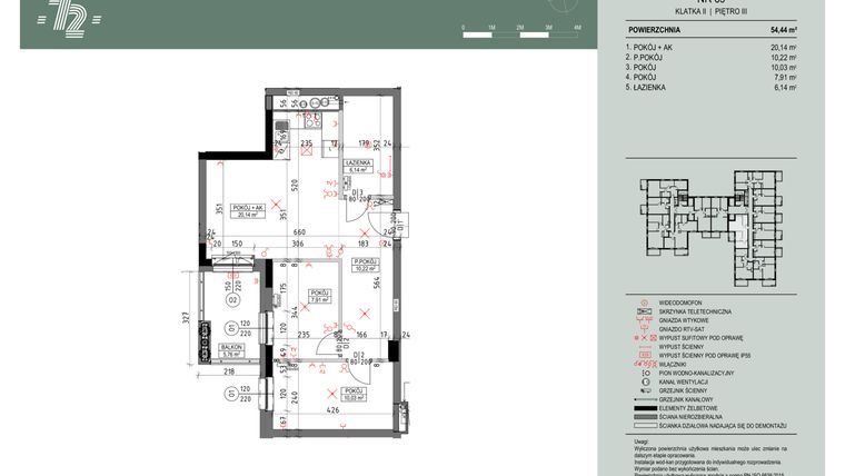 Rzut - Mieszkanie na sprzedaż 3 pokoje o powierzchni 54,44 m² - numer 69 w Wspólnota Mieszkaniowa Gajowa 72