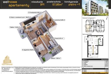 Rzut - Mieszkanie na sprzedaż 3 pokoje o powierzchni 58,5 m² - numer B11 w Osiedle Wełnowe Apartamenty
