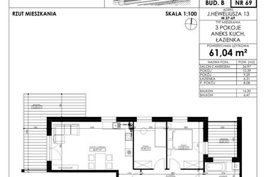 Rzut - Mieszkanie na sprzedaż 3 pokoje o powierzchni 61,04 m² - numer JAR-II-B-LM-M69 w Osiedle JAR Heweliusza etap II