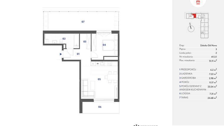 Rzut - Mieszkanie na sprzedaż 2 pokoje o powierzchni 51,11 m² - numer A1.3.1 w Mieszkaj w mieście Załęska od Nowa