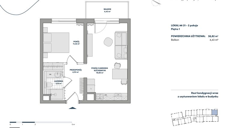Rzut - Mieszkanie na sprzedaż 2 pokoje o powierzchni 38,82 m² - numer 21 w AtHome - Apartamenty inwestycyjne