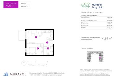 Rzut - Mieszkanie na sprzedaż 2 pokoje o powierzchni 41,59 m² - numer 2.B.2.09 w Murapol Trzy Lipki etap II