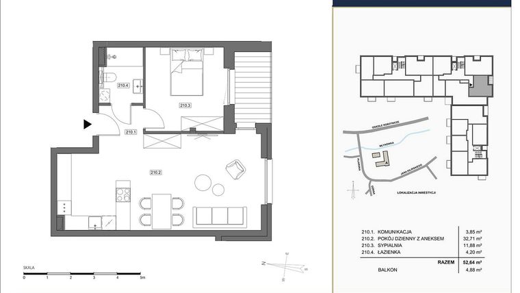 Rzut - Mieszkanie na sprzedaż 2 pokoje o powierzchni 52,64 m² - numer A.210 w Nowa Młynówka