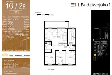 Rzut - Mieszkanie na sprzedaż 4 pokoje o powierzchni 62,41 m² - numer 1G/2a w Budziwojska 3