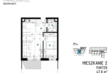 Rzut - Mieszkanie na sprzedaż 2 pokoje o powierzchni 47,8 m² - numer 6C.2 w Parkowa 6AC - ETAP III