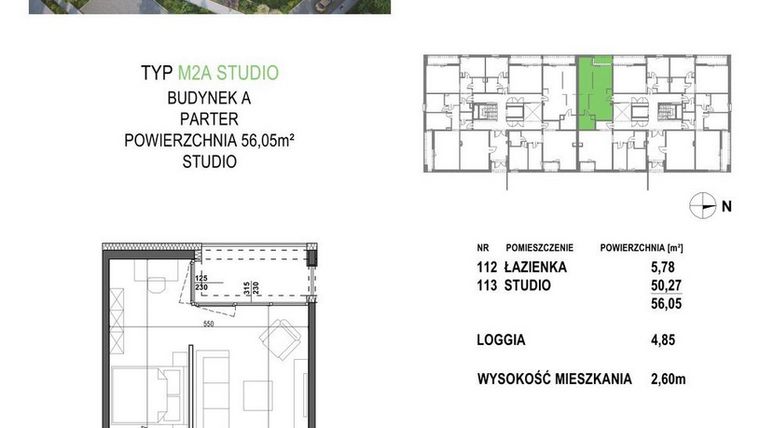 Rzut - Mieszkanie na sprzedaż 1 pokój o powierzchni 56,05 m² - numer M2A.P1 w Apartamenty Żorska