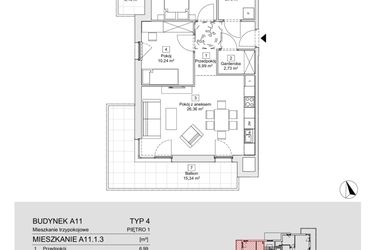 Rzut - Mieszkanie na sprzedaż 3 pokoje o powierzchni 65,76 m² - numer A11.1.3 w Zacisze Marcelin IIIa
