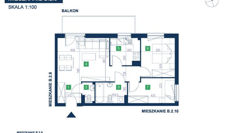Rzut - Mieszkanie na sprzedaż 3 pokoje o powierzchni 56,55 m² - numer B.2.9 w EcoVista