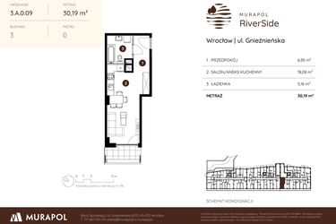 Rzut - Mieszkanie na sprzedaż 1 pokój o powierzchni 30,16 m² - numer 3.A.0.09 w Murapol RiverSide