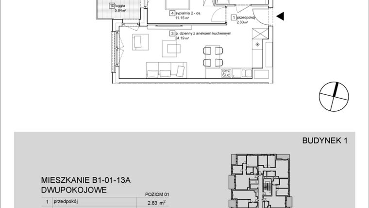 Rzut - Mieszkanie na sprzedaż 2 pokoje o powierzchni 42,92 m² - numer B1-01-13A w Francuska Park IX