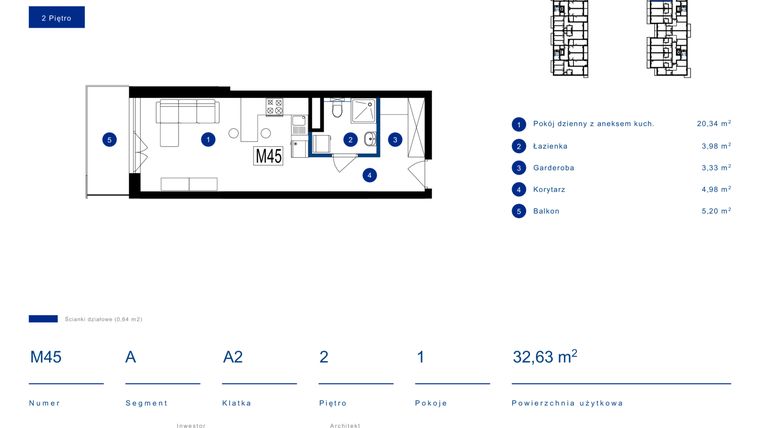 Rzut - Mieszkanie na sprzedaż 1 pokój o powierzchni 32,63 m² - numer 45A w Przy Bursztynowej