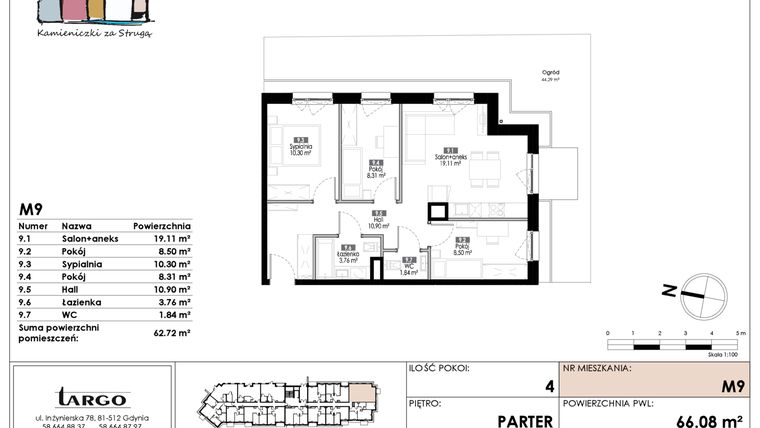 Rzut - Mieszkanie na sprzedaż 4 pokoje o powierzchni 62,72 m² - numer M9 w Kamieniczki za Strugą