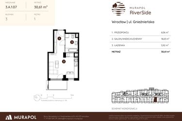 Rzut - Mieszkanie na sprzedaż 1 pokój o powierzchni 30,61 m² - numer 3.A.1.07 w Murapol RiverSide