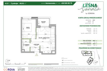 Rzut - Mieszkanie na sprzedaż 2 pokoje o powierzchni 40,1 m² - numer A.5.1 w Leśna Sonata
