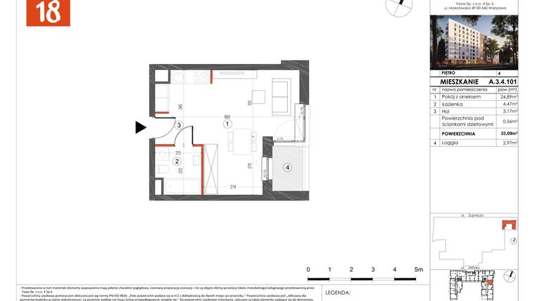Rzut - Mieszkanie na sprzedaż 1 pokój o powierzchni 33,09 m² - numer A.3.4.101 w Soho 18