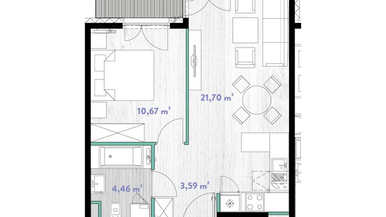Rzut - Mieszkanie na sprzedaż 2 pokoje o powierzchni 40,67 m² - numer A.03.09 w Do Wilgi