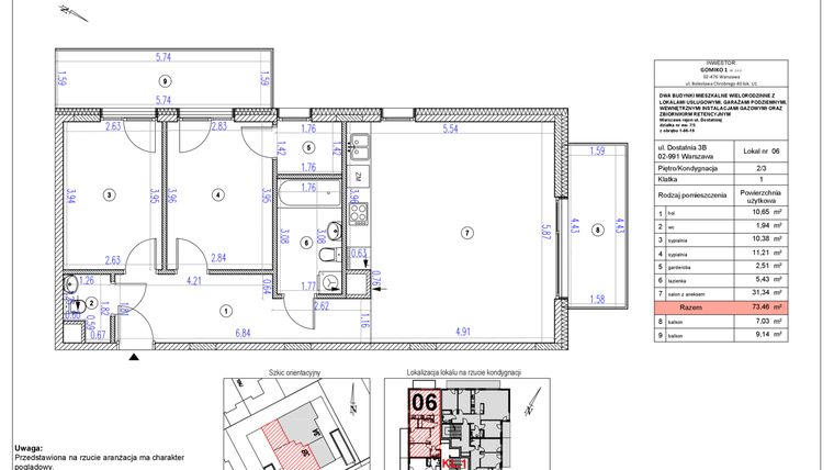 Rzut - Mieszkanie na sprzedaż 3 pokoje o powierzchni 73,46 m² - numer B6 w Vilanovia Park