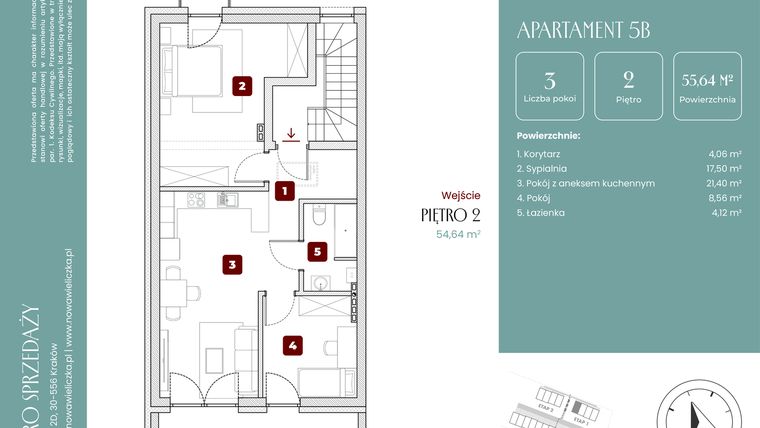 Rzut - Mieszkanie na sprzedaż 3 pokoje o powierzchni 55,69 m² - numer 5B w Nowa Wieliczka