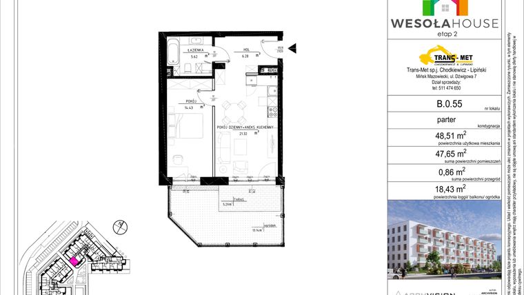 Rzut - Mieszkanie na sprzedaż 2 pokoje o powierzchni 47,4 m² - numer B.0.55 w Wesoła House Etap II