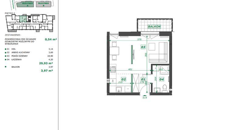 Rzut - Mieszkanie na sprzedaż 1 pokój o powierzchni 30,47 m² - numer A.2.8 w Apartamenty Pszczyńska