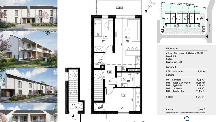 Rzut - Mieszkanie na sprzedaż 3 pokoje o powierzchni 61,16 m² - numer 4b w Przystań Siechnice
