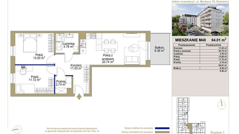 Rzut - Mieszkanie na sprzedaż 3 pokoje o powierzchni 64,01 m² - numer 48 w Barbary 19