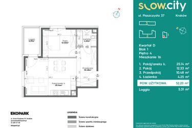 Rzut - Mieszkanie na sprzedaż 2 pokoje o powierzchni 52,2 m² - numer D1-16 w Slow City etap D