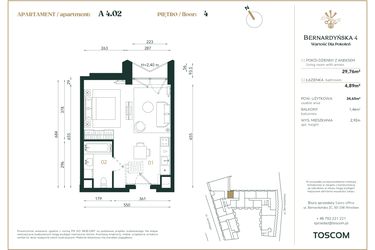 Rzut - Mieszkanie na sprzedaż 1 pokój o powierzchni 34,65 m² - numer A/4/02 w Bernardyńska 4