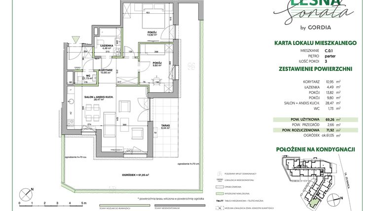 Rzut - Mieszkanie na sprzedaż 3 pokoje o powierzchni 72,03 m² - numer C.0.1 w Leśna Sonata