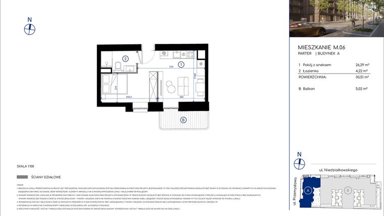 Rzut - Mieszkanie na sprzedaż 1 pokój o powierzchni 30,51 m² - numer M.06 w Niedziałkowskiego Park