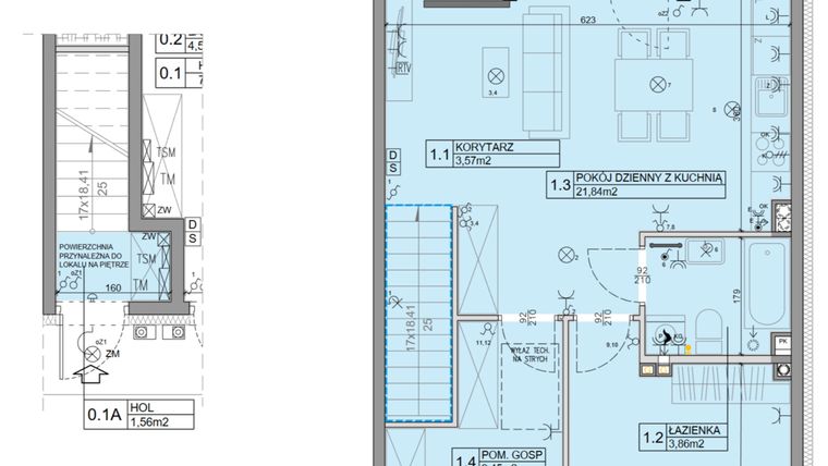 Rzut - Mieszkanie na sprzedaż 3 pokoje o powierzchni 56,07 m² - numer 114 w Manufaktura Marki 2 etap IV