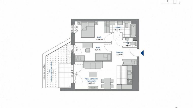 Rzut - Mieszkanie na sprzedaż 3 pokoje o powierzchni 60,87 m² - numer 1.2 w SEAHall