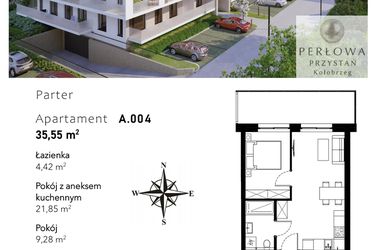 Rzut - Mieszkanie na sprzedaż 2 pokoje o powierzchni 35,55 m² - numer A.004 w Perłowa Przystań - Kołobrzeg - etap II