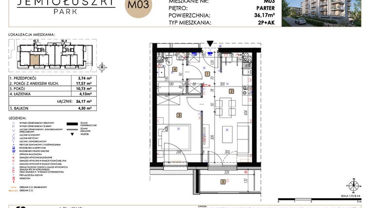 Rzut - Mieszkanie na sprzedaż 2 pokoje o powierzchni 36,17 m² - numer A2_M03 w Jemiołuszki Park etap 2