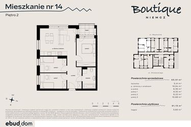Rzut - Mieszkanie na sprzedaż 4 pokoje o powierzchni 63,51 m² - numer 14 w Boutique NIEMCZ